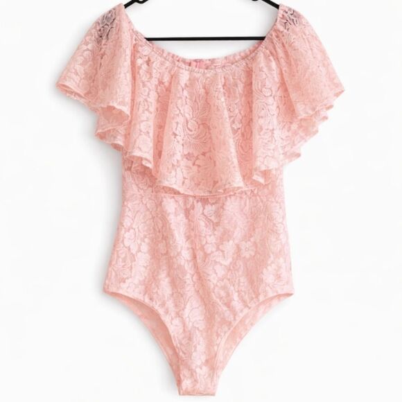 Vintage Tops - Vintage 1980’s Pink Lace coquette romantic sheer ruffle Bodysuit